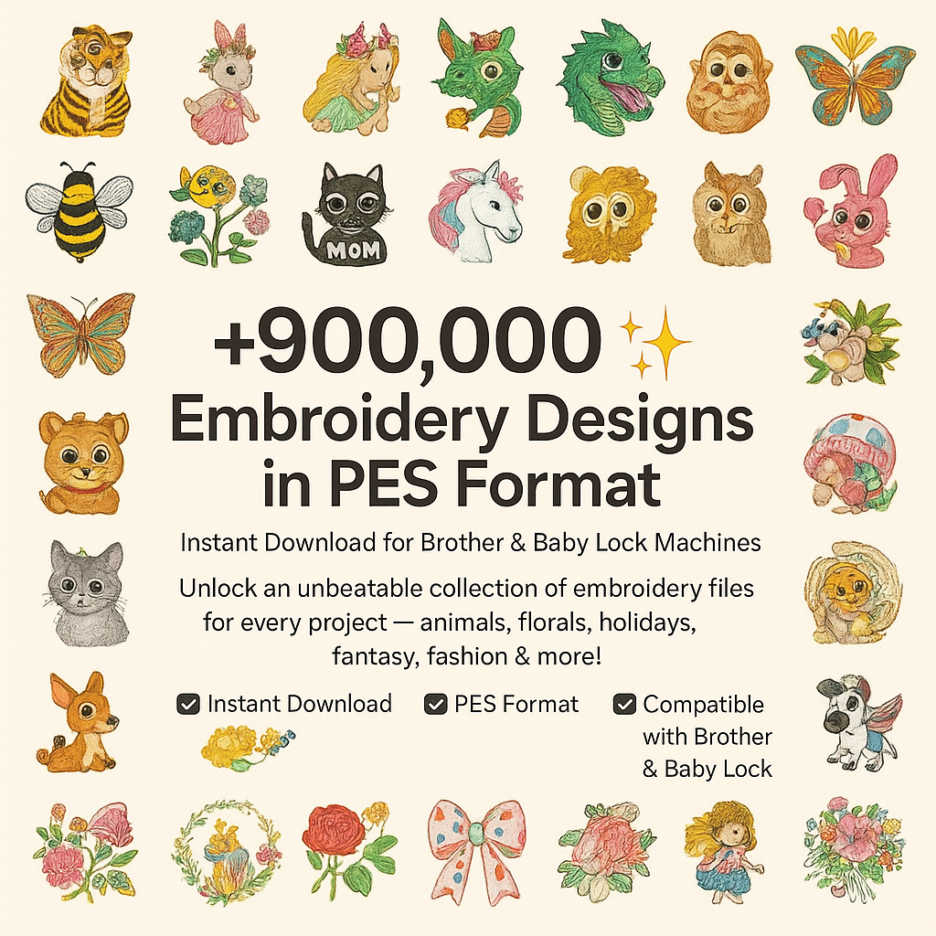 900,000+ Embroidery Designs: PES Files for Brother & Baby Lock (Instant Download)